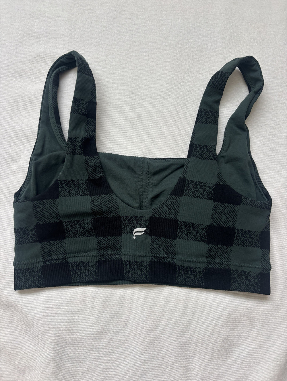 Fabletics Green/ Black Plaid sof sports bra: sz med